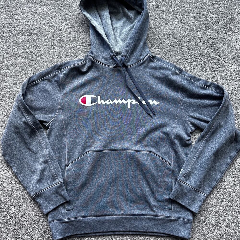 Champion Men's Performance Gray Classic Script Logo Hoodie, Medium, Like New